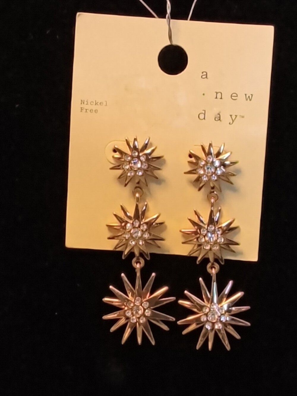 A New Day Gold Starburst Triple Drop Earrings with Crystal Centers